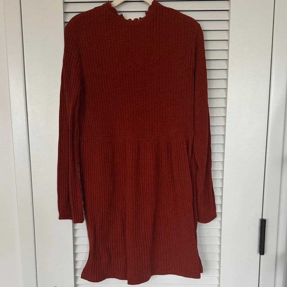 Zara Ribbed V-Neck Long Sleeve Dress in Rust - Picture 3 of 3